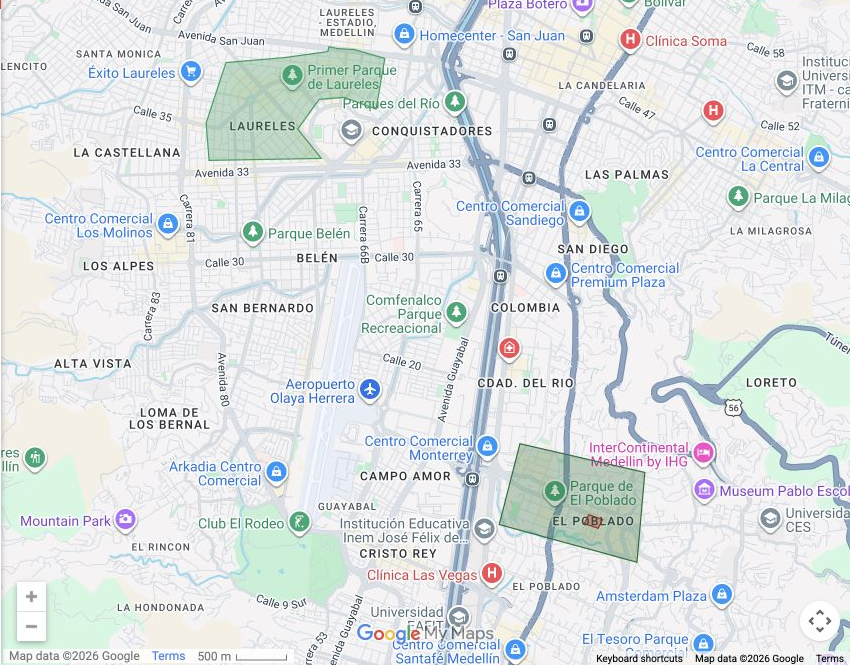 Map of recommended areas to stay in Medellín